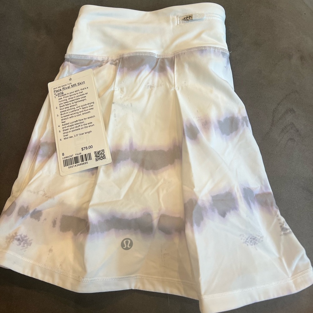 NWT Lululemon Athletica White and Purple Pace Rival Skirt